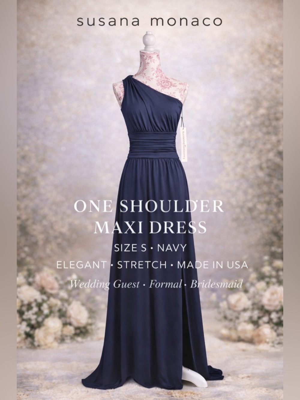 NWT Susana Monaco Twisted Shoulder Navy Maxi Slit Dress Stretch Formal Sz Small